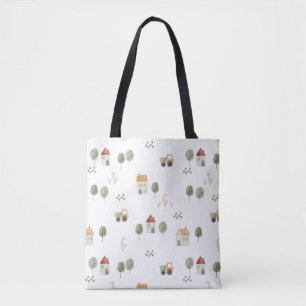 Tote Bag Cute Watercolor Farm Pattern