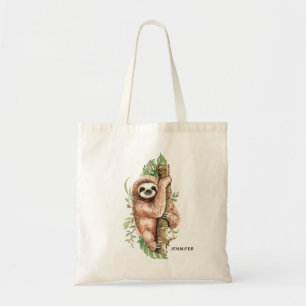 Tote Bag Cute Watercolor Sloth & Tropical Leaves