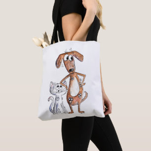 Tote Bag Cute Whimsical Brown chien et chat gris