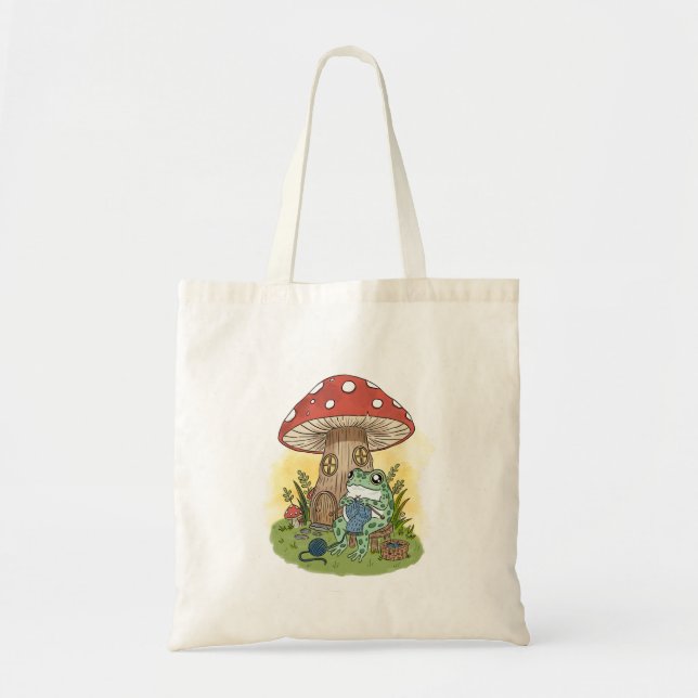 Tote Bag Cute Whimsical Frog Knitting Illustration (Devant)