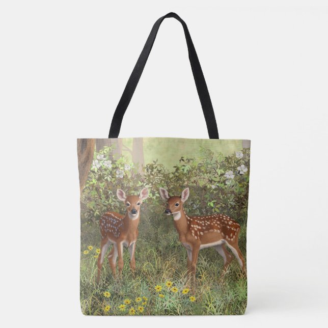 Tote Bag Cute White Deer Twin Fawns (Devant)