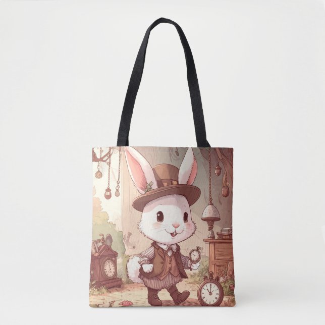 Tote Bag Cute White Rabbit Wonderland Whimsical Timekeeper (Devant)