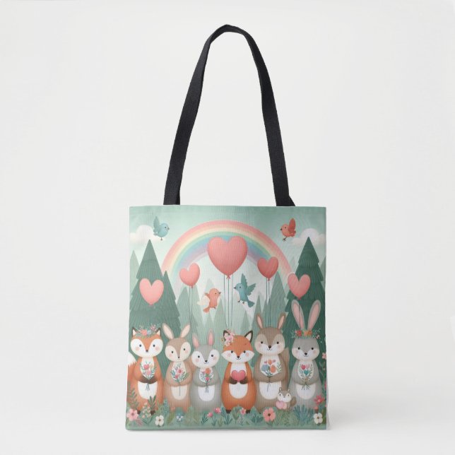 Tote Bag Cute Woodland Creature arc-en-ciel valentine's (Devant)