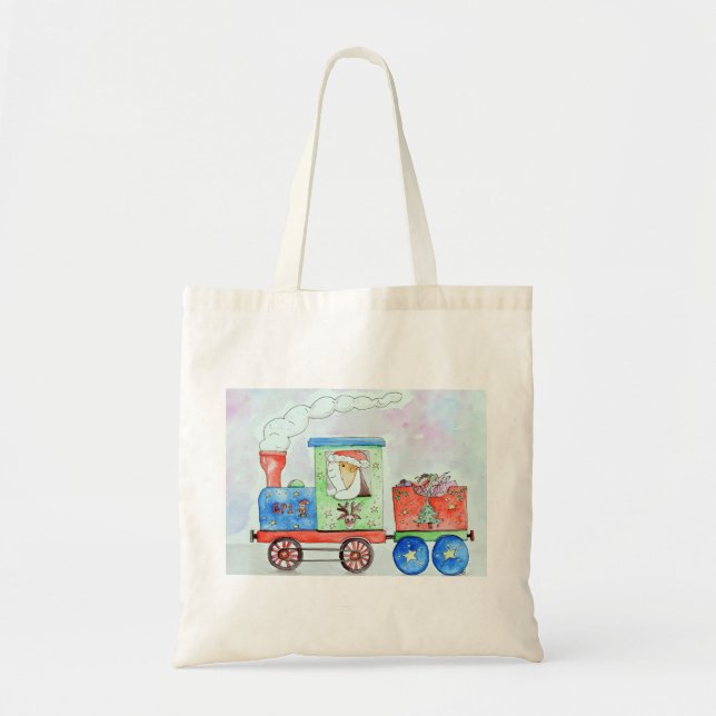 Tote Bag Cutie dans son train de Noël aquarelle peinture (Devant)