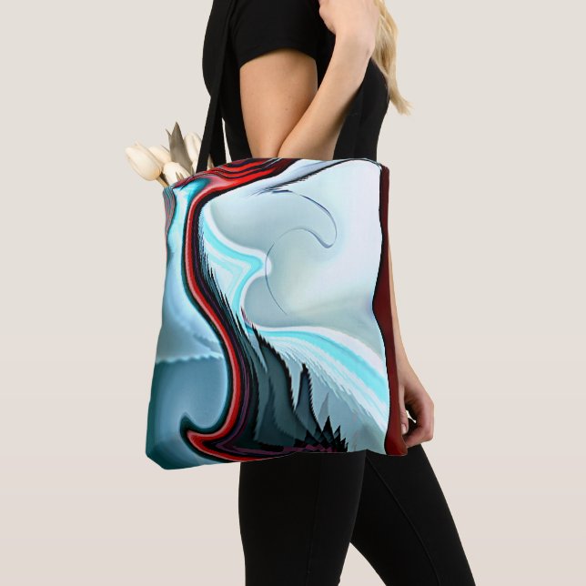 Tote Bag Cyan et rouge zigzaguant sur blanc ondulé (De près)