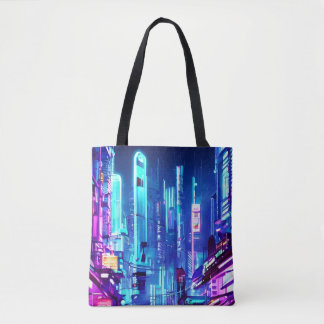 Tote Bag Cyberpunk Futuristic Neon City