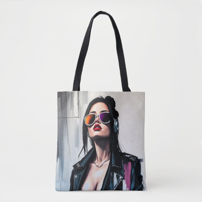 Tote Bag Cyberpunk Rebel Girl - Art numérique élégant (Devant)
