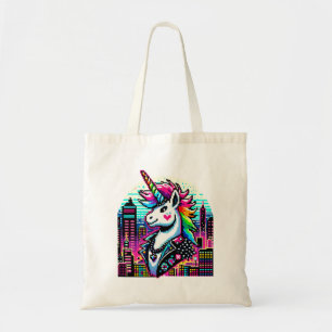 Tote Bag Cyberpunk Unicorn Neon Pixel Art Cityscape Design