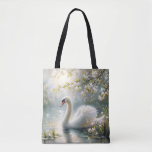 Tote Bag Cygne sur le lac Art floral de printemps