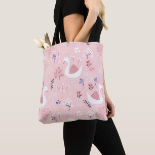 Tote Bag Cygnes Blancs Douces Sur un Ballet Floral Rose Pas
