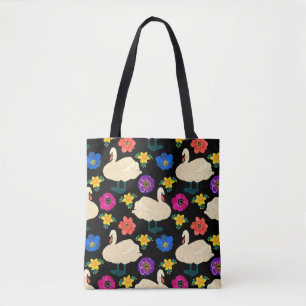 Tote Bag Cygnes, fleurs, arrière - plan noir dessiné à la m