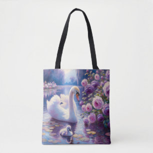 Tote Bag Cygnet blanc avec Roses violets