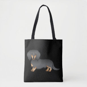 Tote Bag Dachshund à poil long noir et feu dessin animé Chi