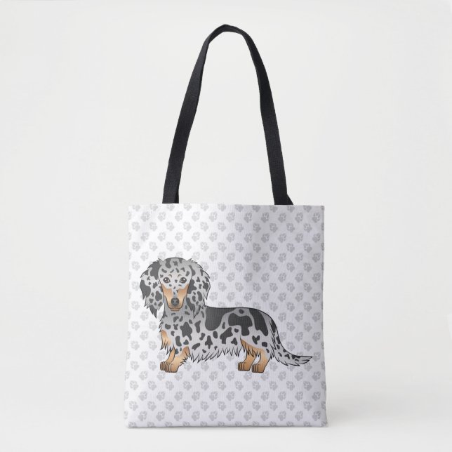 Tote Bag Dachshund à poil long noir et tan panaché & pattes (Devant)