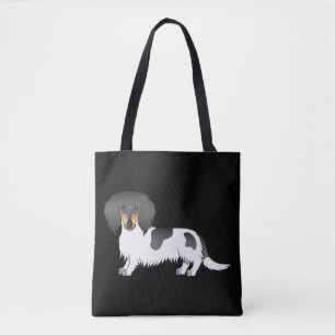 Tote Bag Dachshund à poil long piebalde noir et feu sur fon