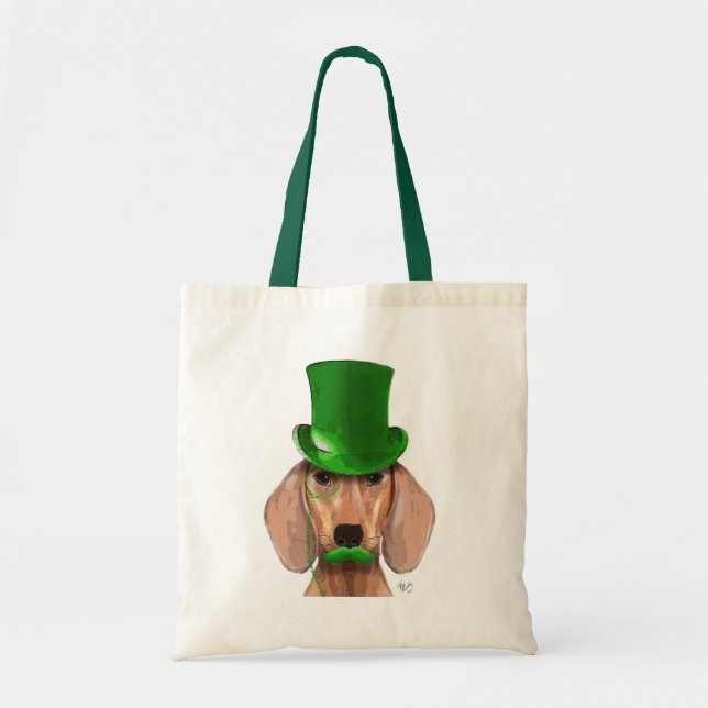 Tote Bag Dachshund avec chapeau vert et moustache (Devant)