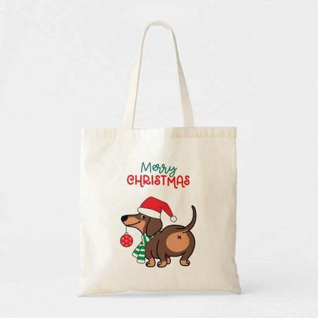 Tote Bag Dachshund Chien mignonne Joyeux Noël (Devant)
