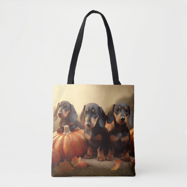 Tote Bag Dachshund Chiot Automne Citrouille de plaisir (Devant)