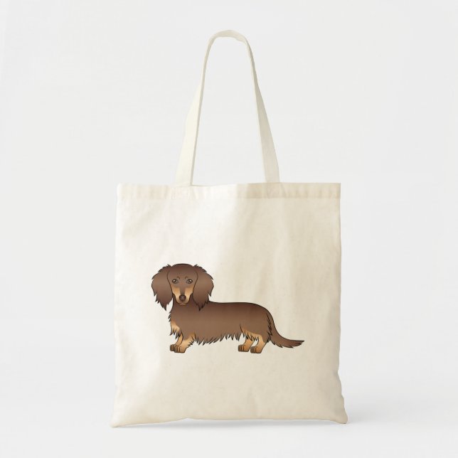 Tote Bag Dachshund de dessin animé à poils longs chocolat e (Devant)