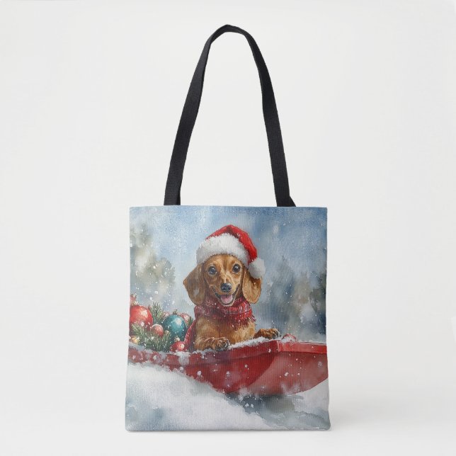Tote Bag Dachshund Dog in Sledge Let it neige Noël (Devant)