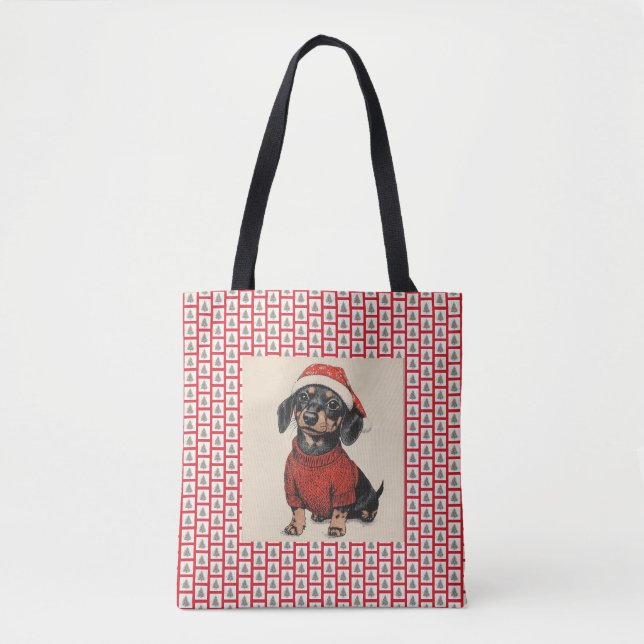 Tote Bag Dachshund Et Arbres De Noël, Chien Wiener, (Devant)
