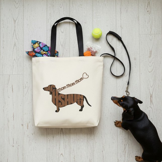 Tote Bag Dachshund Maman - Doxie noire et bronzée - Leash d (Original Dachshund Word Art tote for your favorite Doxie mom.)