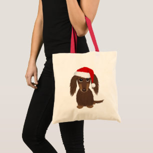 Tote Bag Dachshund Père Noël - Chocolat à poil long