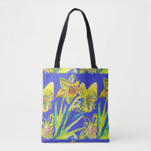 Tote Bag Daffodil Abstrait Jaune Fleurs Bleues Florales Art