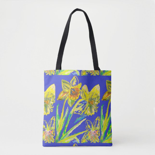 Tote Bag Daffodil Abstrait Jaune Fleurs Bleues Florales Art (Devant)