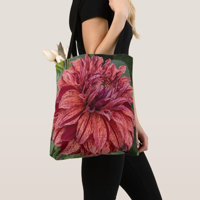 Tote Bag Dahlia bigarré rouge en fleurs, floral (De près)