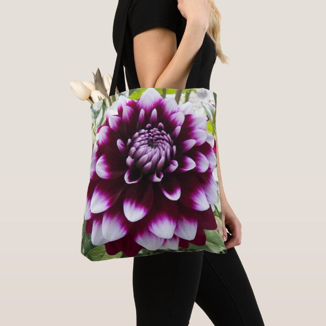 Tote Bag Dahlia Décoratif Floral Rose et Blanc (De près)