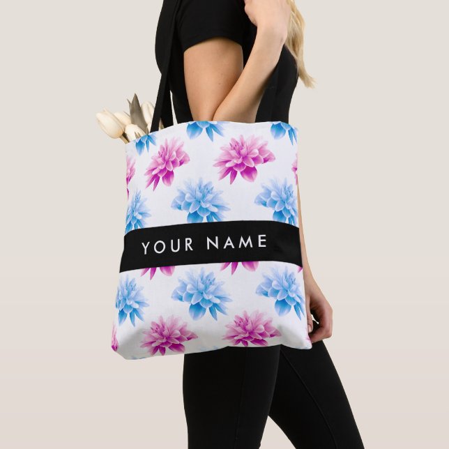 Tote Bag Dahlia rose et bleu, motif floral, Votre nom (De près)