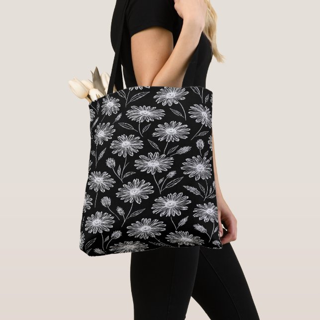 Tote Bag Daisy floral noir et blanc  (De près)