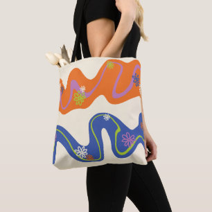 Tote Bag Daisy Groove Bleu, Orange, Violet, Vert, & Crème
