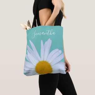 Tote Bag Daisy Photo Turquoise Green Elegant White Script