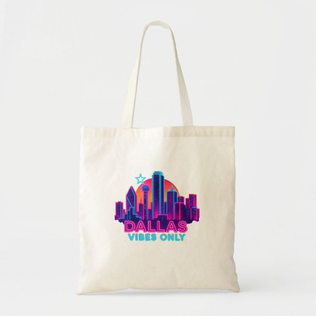 Tote Bag Dallas Vibes Only – Neon Skyline 1980s Synthwave A (Devant)