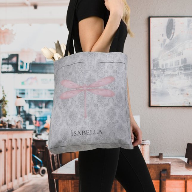 Tote Bag Damas de libellule rose (Pink Dragonfly Damask Tote Bag)