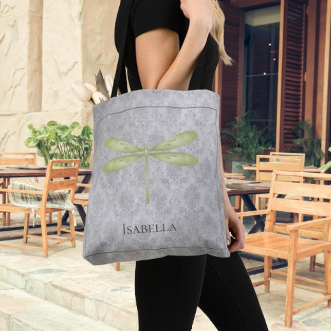 Tote Bag Damas de libellule verte (Green Dragonfly Damask Tote Bag)