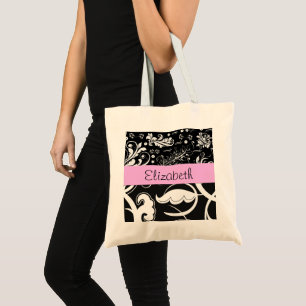 Tote Bag Damas, Fleurs, Noir et Blanc, Votre nom