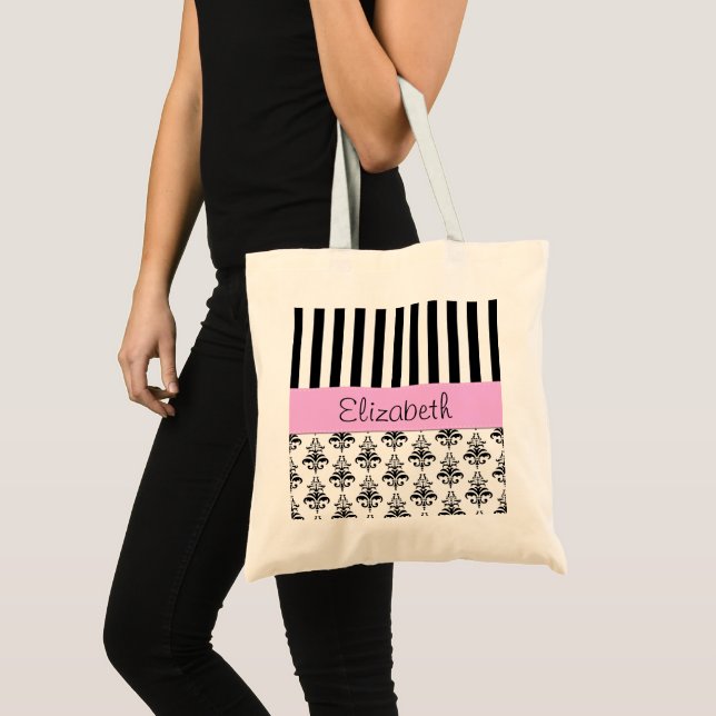 Tote Bag Damas français, bandes, noir et blanc, Votre nom (Devant (produit))