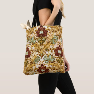 Tote Bag Damassé floral victorien doré avec sauge