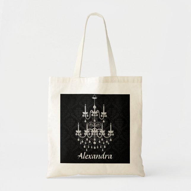 Tote Bag Damassé noire et blanche de lustre avec le nom (Devant)