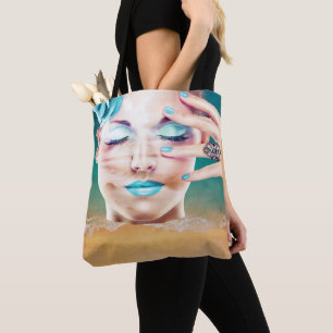 Tote Bag Dame aux yeux de maquillage bleu Plage fermée Rêve