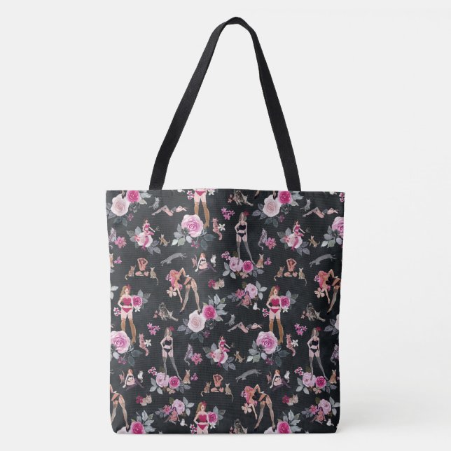 Tote Bag DAME CHAT FLORAL Rose Chaud (Devant)