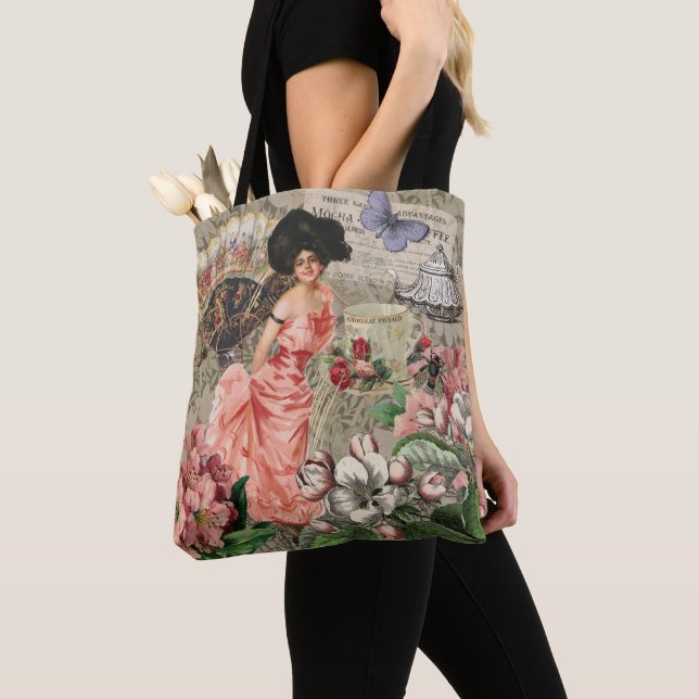 Tote Bag Dame du café femme victorienne rose riche robe (De près)