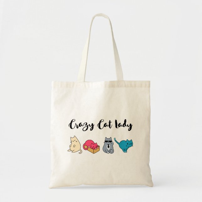 Tote Bag Dame du chat fou et 4 chats mignons (Devant)