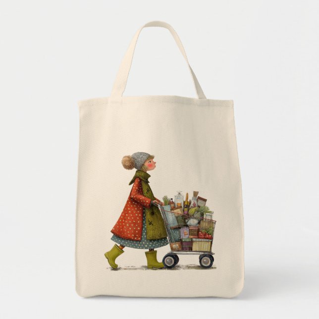Tote Bag Dame Excentrique avec Chariot de Courses (Devant)