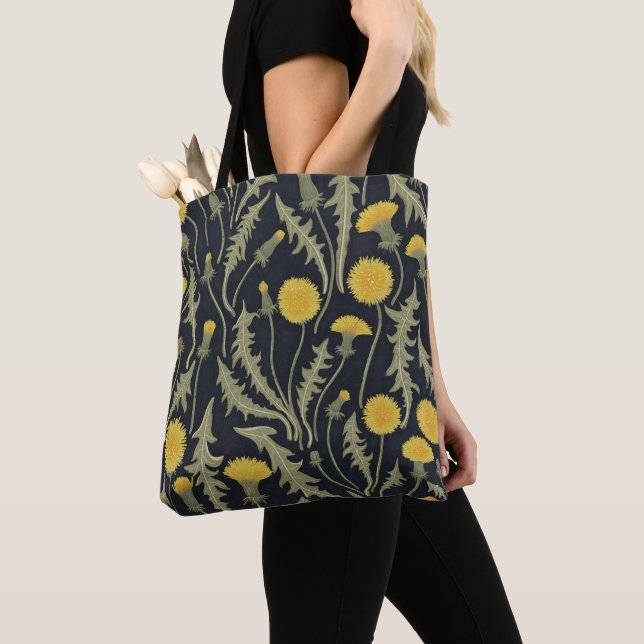 Tote Bag Dandelions, vert, jaune et noir (De près)