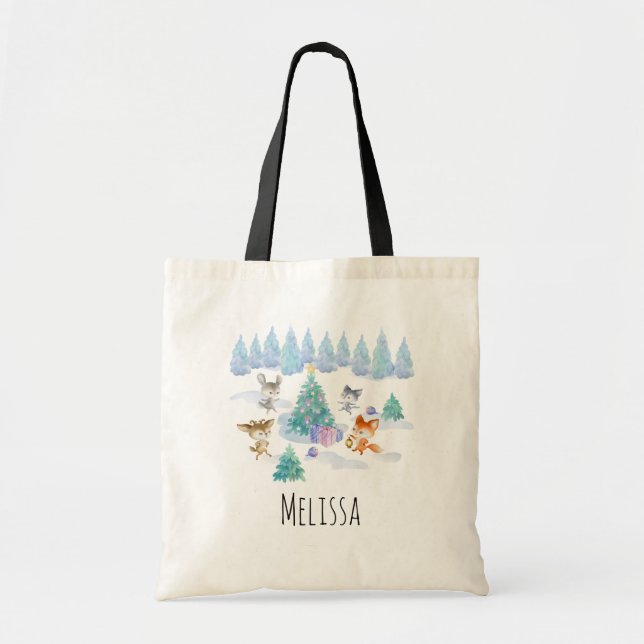 Tote Bag Danse Animaux de forêt Noël Aquarelle (Devant)