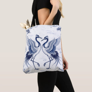 Tote Bag Danse de grue Style Imari japonais bleu blanc